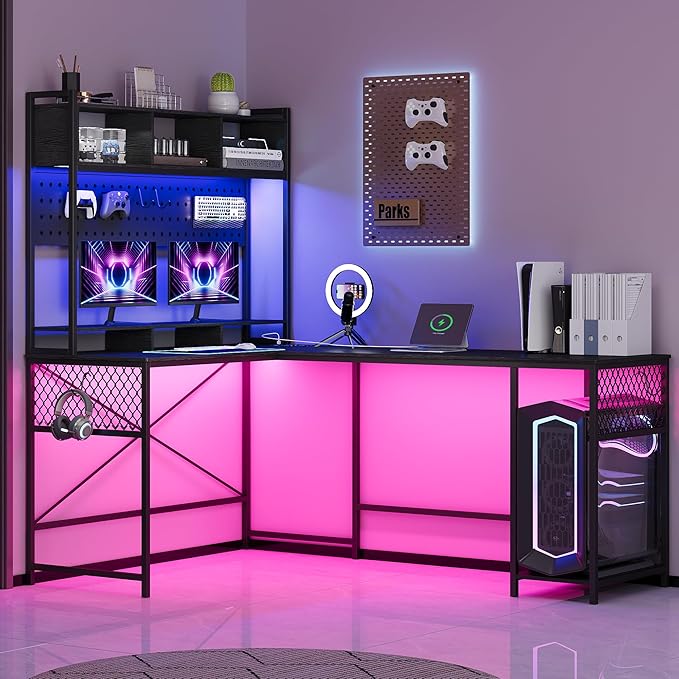 Lvifur 67” L Shaped Desk with Wireless Charging Station,24-Color RGB Dimmable Computer Desk with Pegboard,Gaming Desk with Monitor Stand, Display Stand,Human Sensor Lights for Home Office - LeafyLoom