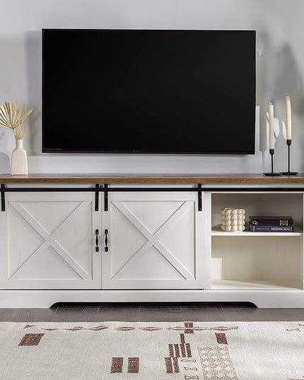 Walker Edison Corbin Modern Farmhouse Sliding X Barn Door TV Stand for TVs up to 80 Inches, 70 Inch, Reclaimed Barnwood and Brushed White - LeafyLoom