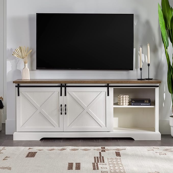Walker Edison Corbin Modern Farmhouse Sliding X Barn Door TV Stand for TVs up to 80 Inches, 70 Inch, Reclaimed Barnwood and Brushed White - LeafyLoom