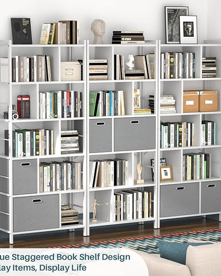 armocity 74 Inch Tall Bookshelf, 6 Tier Bookcase with Drawers, Modern Book Shelf Display Standing Shelf Units with Storage, Wood and Metal Bookshelves for Living Room, Bedroom, Home Office, White - LeafyLoom