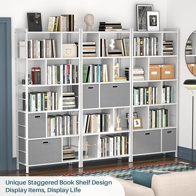 armocity 74 Inch Tall Bookshelf, 6 Tier Bookcase with Drawers, Modern Book Shelf Display Standing Shelf Units with Storage, Wood and Metal Bookshelves for Living Room, Bedroom, Home Office, White - LeafyLoom