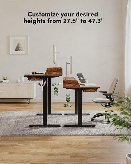 BANTI 48 x 24 Inch Electric Standing Desk with 3 Drawers, Adjustable Height Stand Up Desk, Sit Stand Home Office Desk with Storage Shelf, Rustic Brown Top - LeafyLoom