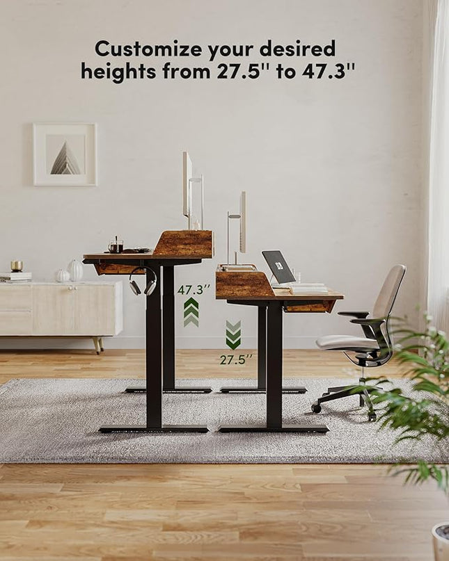 BANTI 48 x 24 Inch Electric Standing Desk with 3 Drawers, Adjustable Height Stand Up Desk, Sit Stand Home Office Desk with Storage Shelf, Rustic Brown Top - LeafyLoom