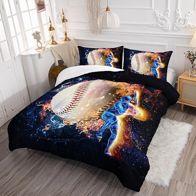 Axolotl 3D Baseball Comforter Set Twin,Sports Bedding,Red Blue Water Fire Comforter Set,Sports Baseball Loveer Bedding Set,Sport Game Comforter for Kids Boys Teens Adults,1 Quilt 2 Pillowcases - LeafyLoom