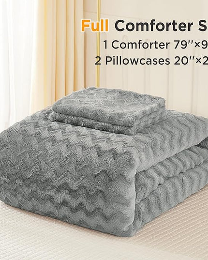 Andency Gray Fleece Comforter Set Full, 3 Pieces Fluffy Fuzzy Faux Fur Bedding Comforter Set, Plush Shaggy Warm Sherpa Bed Comforter Sets for Winter - LeafyLoom