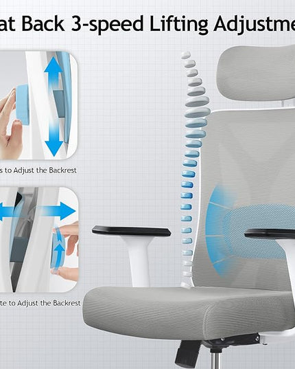 KERDOM Ergonomic Office Chair, Rolling Swivel Executive Desk Chair, Breathable Mesh Gaming Chair with Adjustable Headrest, 3D Armrest and Lumbar Support for Home Office LightGray - LeafyLoom
