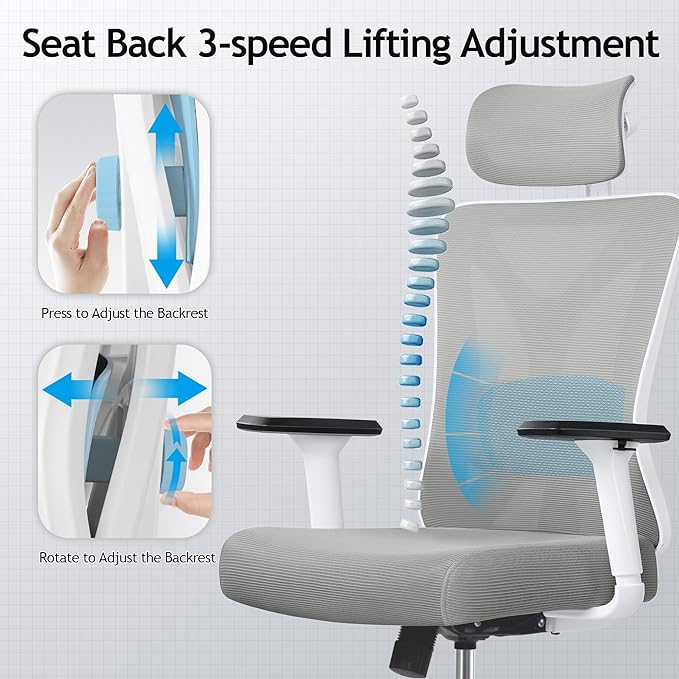 KERDOM Ergonomic Office Chair, Rolling Swivel Executive Desk Chair, Breathable Mesh Gaming Chair with Adjustable Headrest, 3D Armrest and Lumbar Support for Home Office LightGray - LeafyLoom