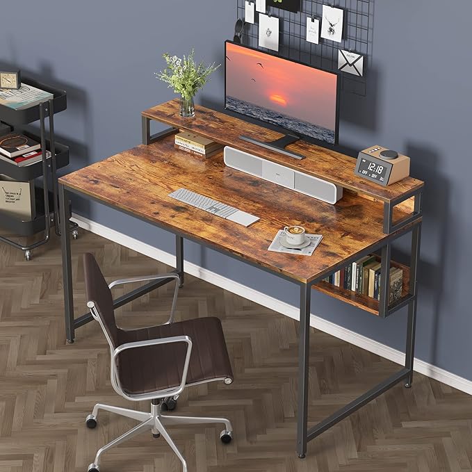 BANTI Computer Home Office Desk, 47" Small Desk Table with Storage Shelf and Bookshelf, Study Writing Table Modern Simple Style Space Saving Design, Black - LeafyLoom