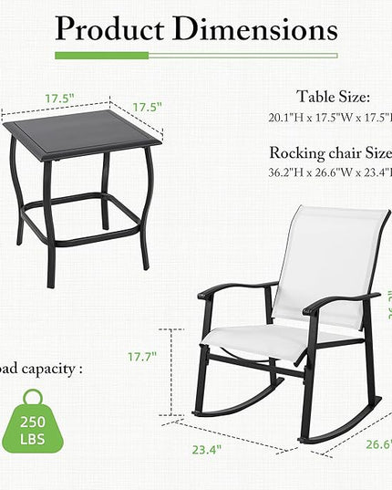 Shintenchi 3 Piece Rocking Bistro Set, Outdoor Furniture with Rocker Chairs and Glass coffee table set of 3, Balcony, Porch Furniture for Small Space, White - LeafyLoom