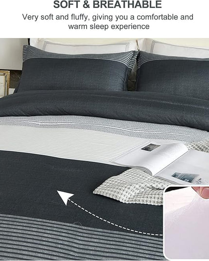 WONGS BEDDING Dark Grey Comforter Set Queen, Reversibl Grey Stripe Down Alternative Comforter for All Season,3 Pieces(1 Patchwork Comforter+2 Pillowcases), Soft Microfiber Bedding Set 90”×90” - LeafyLoom