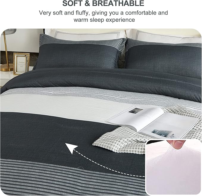 WONGS BEDDING Dark Grey Comforter Set Queen, Reversibl Grey Stripe Down Alternative Comforter for All Season,3 Pieces(1 Patchwork Comforter+2 Pillowcases), Soft Microfiber Bedding Set 90”×90” - LeafyLoom