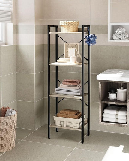 Bookshelf, Book Shelf, Industrial Bookcase with 2 Hooks, Coner Shelf Storage Organizer for Home Office, Living Room, Bedroom, Kitchen, 4-Tier Greige BC10405B - LeafyLoom