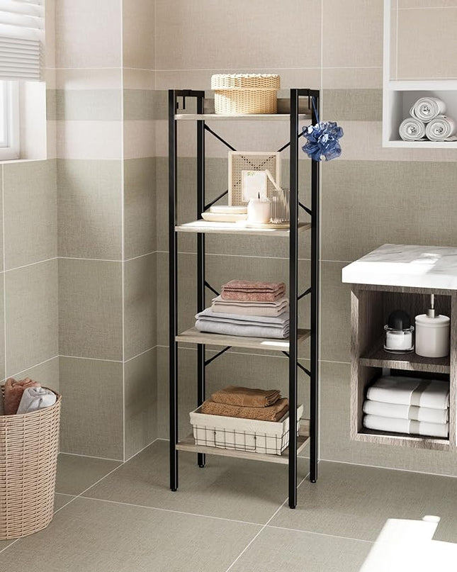 Bookshelf, Book Shelf, Industrial Bookcase with 2 Hooks, Coner Shelf Storage Organizer for Home Office, Living Room, Bedroom, Kitchen, 4-Tier Greige BC10405B - LeafyLoom