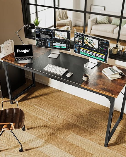Computer Desk, 63 Inch Office Desk, Gaming Desk with Storage, Writing Desk Work Desk for Home Office, Study, Modern Simple Desk, Large Legroom, Metal Frame, Rustic Brown and Black - LeafyLoom