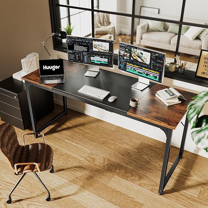Computer Desk, 63 Inch Office Desk, Gaming Desk with Storage, Writing Desk Work Desk for Home Office, Study, Modern Simple Desk, Large Legroom, Metal Frame, Rustic Brown and Black - LeafyLoom