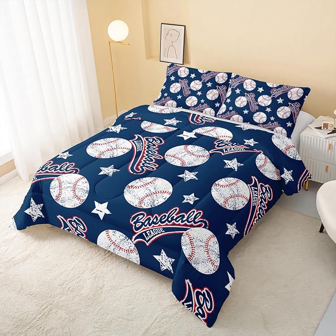 3D Baseballs Comforter King Size,Blue Baseball Kids Comforter Set,3Pcs Bedding Set Printed Comforter with 2 Pillowcases,Down Alternative,Soft and Lightweight,for All Seasons - LeafyLoom
