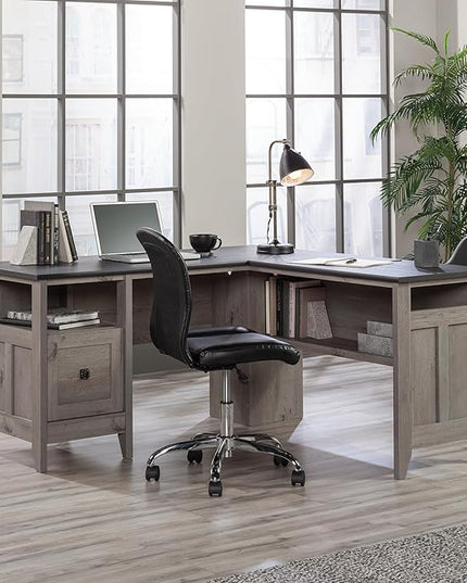 Sauder August Hill L-Shaped Home Office Desk, L: 59.06" x W: 58.74" x H: 29.25", Mystic Oak finish - LeafyLoom