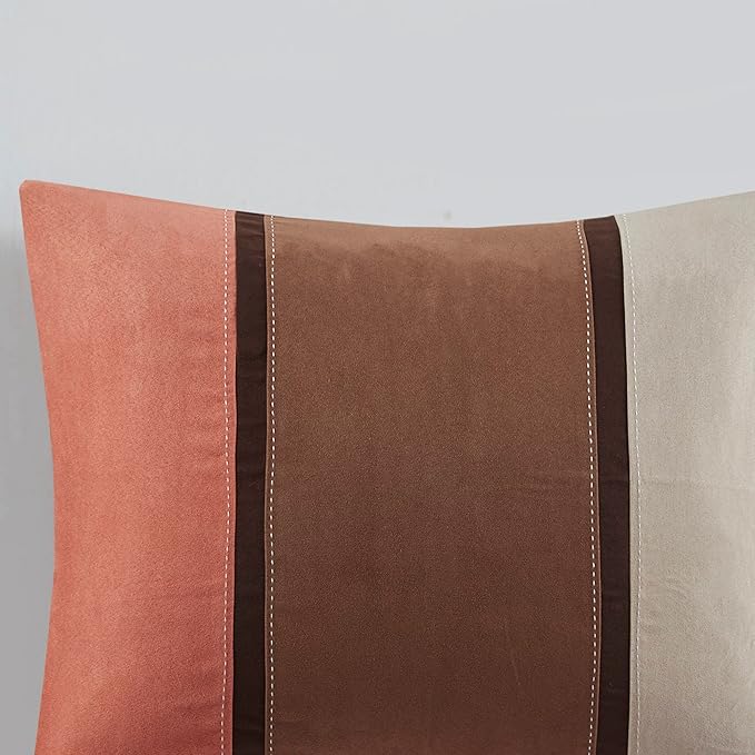 Madison Park Palisades Comforter Set Modern Faux Suede Pieced Stripe Design, All Season Down Alternative Cozy Bedding with Matching Shams, Decorative Pillows, Cal King(104"x92"), Coral 7 Piece - LeafyLoom