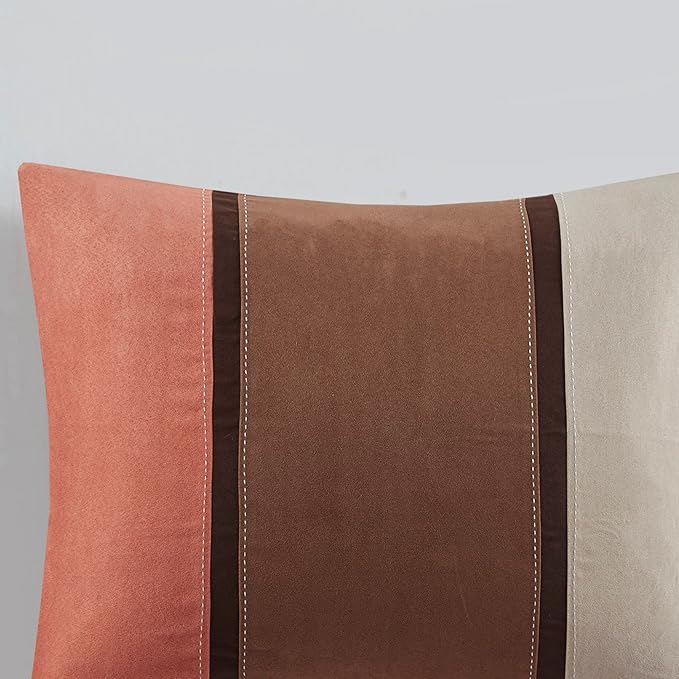 Madison Park Palisades Comforter Set Modern Faux Suede Pieced Stripe Design, All Season Down Alternative Cozy Bedding with Matching Shams, Decorative Pillows, Queen(90"x90"), Coral 7 Piece - LeafyLoom