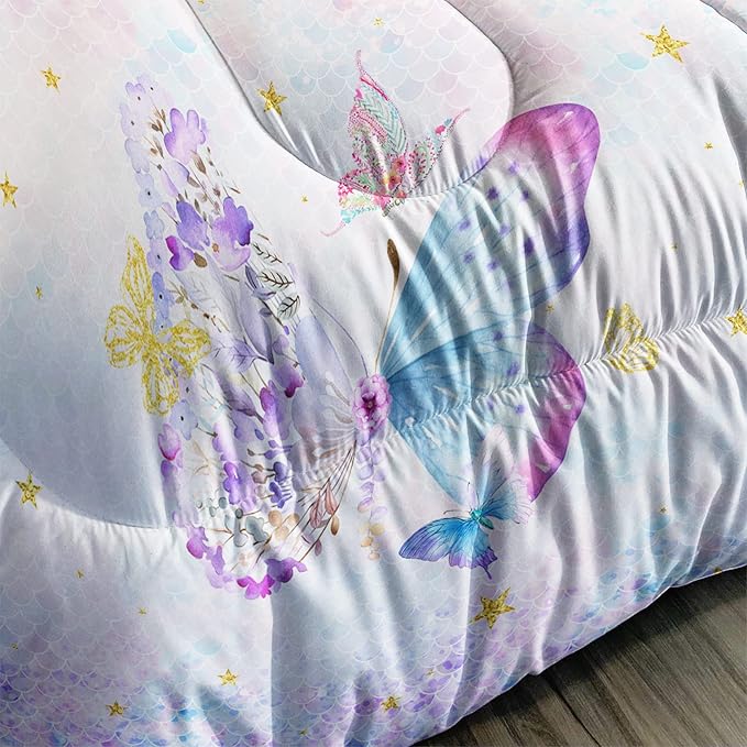 Axolotl Butterfly Bedding Queen,Rainbow Butterfly Comforter Set for Girls Teens,Butterfly Bedding for Girls with Golden Star Scales Pattern,Butterfly Printed Quilt Set with 1 Comforter 2 Pillowcases - LeafyLoom
