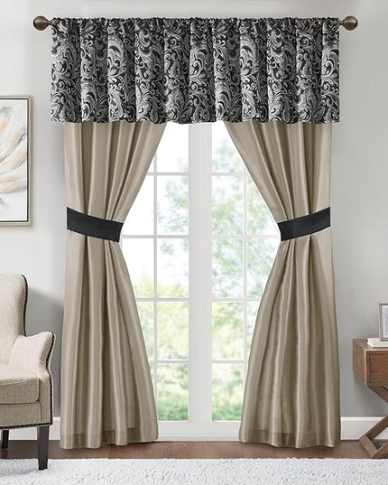 Madison Park Essentials Brystol 24 Piece Room in a Bag Faux Silk Comforter Jacquard Paisley Design Matching Curtains Down Alternative All Season Bedding-Set, Queen(90 in x 90 in), Black 24 Piece - LeafyLoom