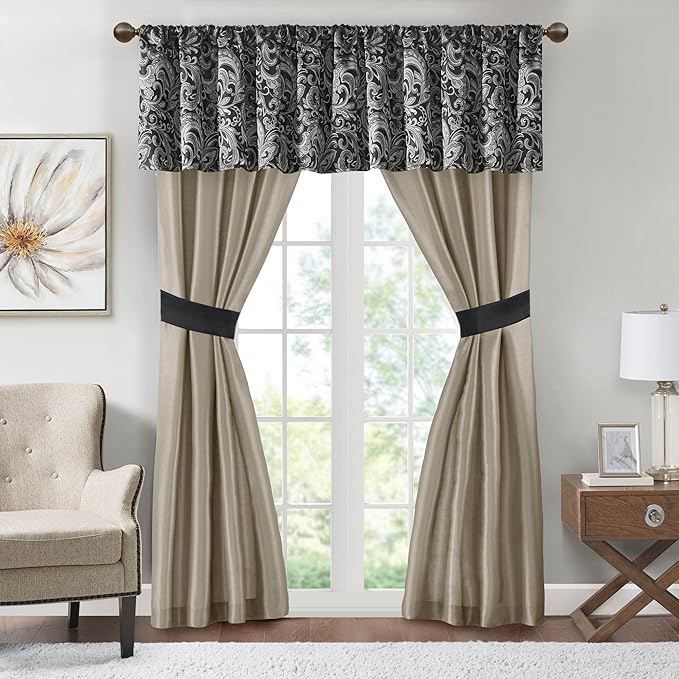 Madison Park Essentials Brystol 24 Piece Room in a Bag Faux Silk Comforter Jacquard Paisley Design Matching Curtains Down Alternative All Season Bedding-Set, Queen(90 in x 90 in), Black 24 Piece - LeafyLoom