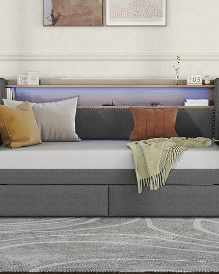 Twin Size Daybed with 2 Storage Drawers, Upholstered Day Bed Frame with Charging Station and LED Lights, Linen Sofa Beds for Living Room, Bedroom, Gray - LeafyLoom