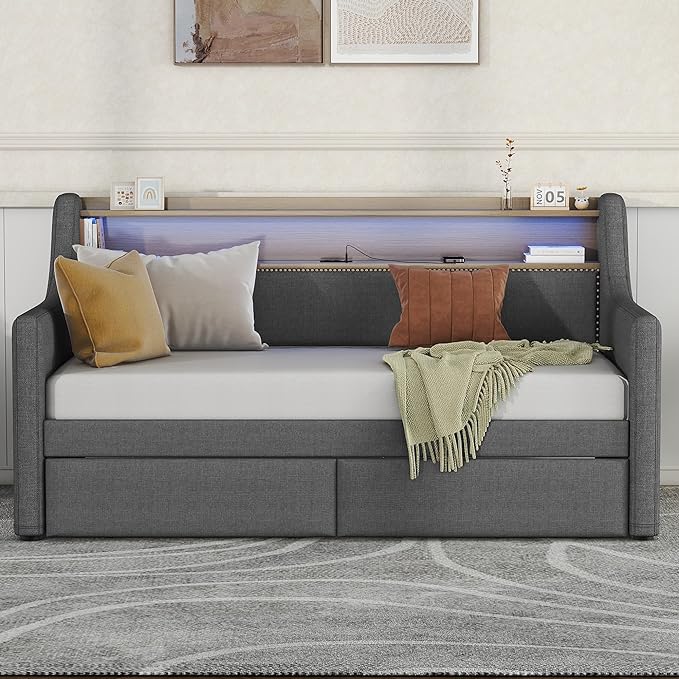 Twin Size Daybed with 2 Storage Drawers, Upholstered Day Bed Frame with Charging Station and LED Lights, Linen Sofa Beds for Living Room, Bedroom, Gray - LeafyLoom