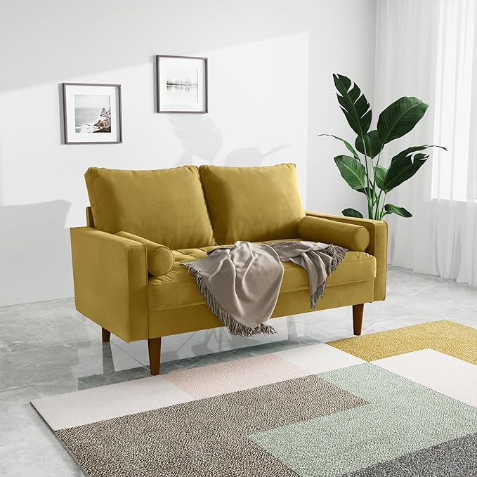 Velvet Furniture for Small Spaces, Mid-Century Modern Loveseats for Living Room, Love Seat Couch Sofas, 58 Inches, Goldenrod - LeafyLoom