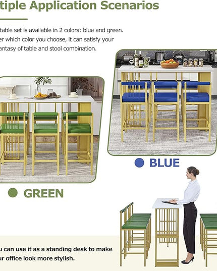 7-Piece Multi-Functional Modern Counter Height Dining Bar Table Set with Open Shelves and 6 Upholstered Stools with Gold Metal Frame for Home Pub Kitchen Room (White+Green) - LeafyLoom