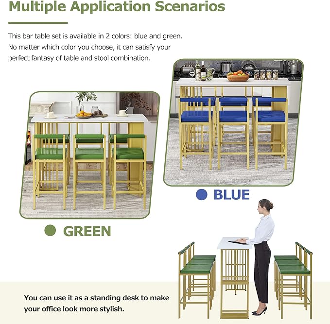 7-Piece Multi-Functional Modern Counter Height Dining Bar Table Set with Open Shelves and 6 Upholstered Stools with Gold Metal Frame for Home Pub Kitchen Room (White+Green) - LeafyLoom