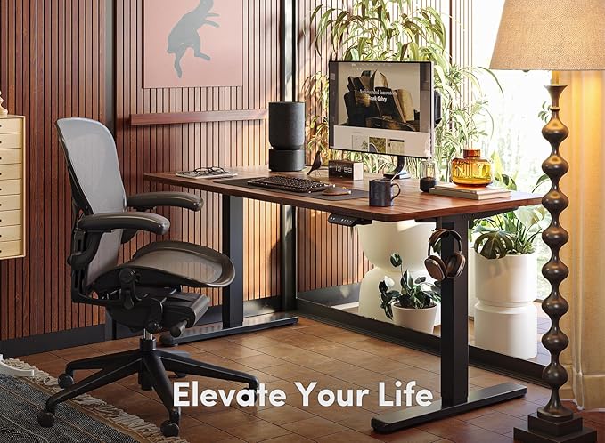 FEZIBO Electric Standing Desk, 48 x 24 Inches Height Adjustable Stand up Desk, Sit Stand Home Office Desk, Computer Desk, Black Walnut - LeafyLoom