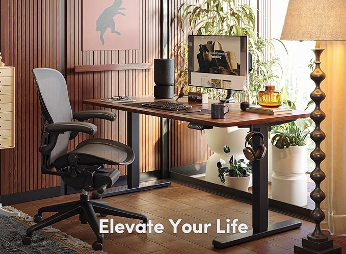 FEZIBO Electric Standing Desk, 55 x 24 Inches Height Adjustable Stand up Desk, Sit Stand Home Office Desk, Computer Desk, Black Walnut - LeafyLoom