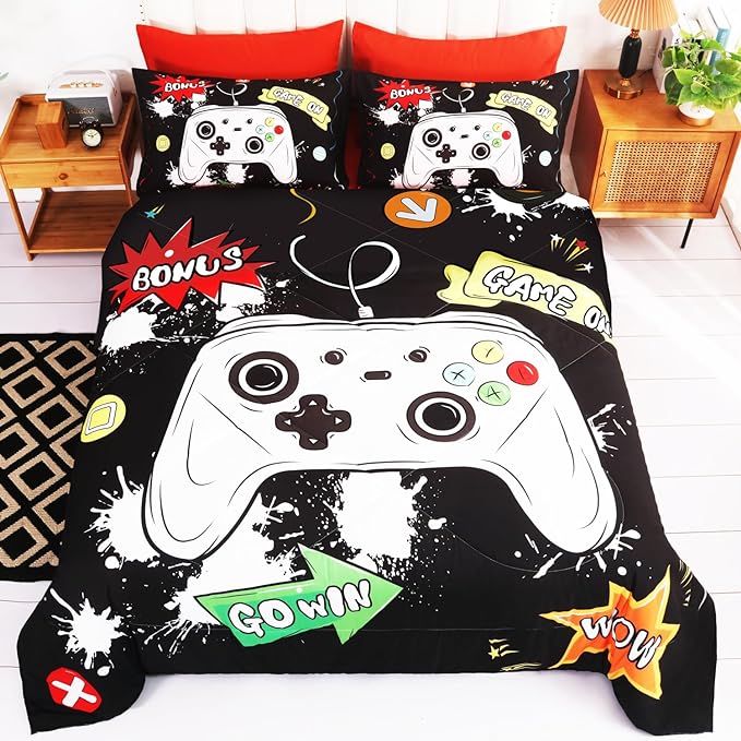 Wajade Kids Game Comforter Set Bed in A Bag Queen Size 7 Piece 3D Colorful Video Game Controller Bedding Set for Boys Girls (1 Comforter, 1 Flat Sheet, 1 Fitted Sheet, 2 Pillowcase and 2 Pillow Sham) - LeafyLoom