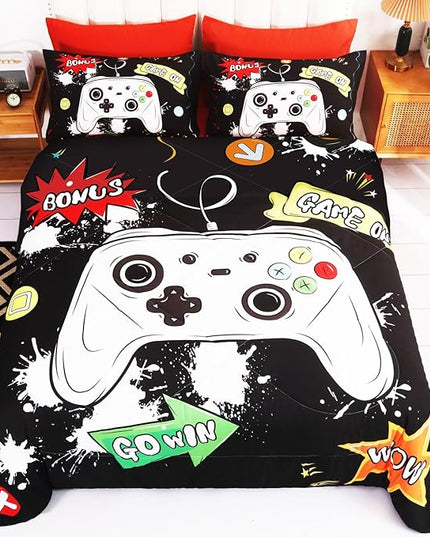 Wajade Kids Game Comforter Set Bed in A Bag Twin Size 7 Piece 3D Colorful Video Game Controller Bedding Set for Boys Girls (1 Comforter, 1 Flat Sheet, 1 Fitted Sheet, 2 Pillowcase and 2 Pillow Sham) - LeafyLoom