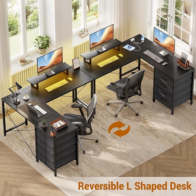 Homieasy L Shaped Desk with Drawers & Power Outlets, Reversible Computer Desk with LED Light and Monitor Stand, 50 Inch Home Office Gaming Work Study Desk with 4 Storage Drawers, Black - LeafyLoom