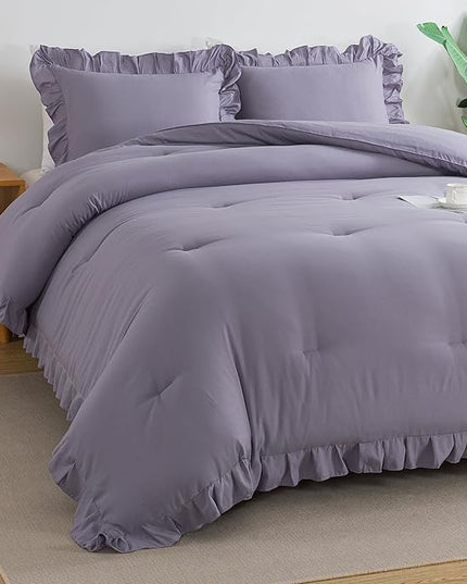 Andency Purple Twin Size Comforter(66x90Inch), 2 Pieces(1 Ruffle Comforter and 1 Pillowcase) Solid Farmhouse Shabby Chic Comforter, Lighteweight and Soft Microfiber Bedding Set - LeafyLoom