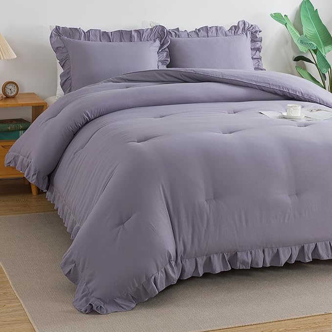 Andency Greyish Lavender Purple Full Size Comforter Set, 3 Pieces(1 Ruffle Comforter and 2 Pillowcases) Lightweight Fluffy Bedding Comforter Sets Full Bed, All Season Soft Microfiber Bedding Set - LeafyLoom