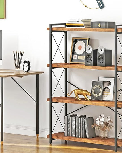 HCHQHS Bookshelf, 4-Tier Industrial Bookcase, Rustic Open Book Shelf, Freestanding Tall Bookshelves with Metal Frame - LeafyLoom