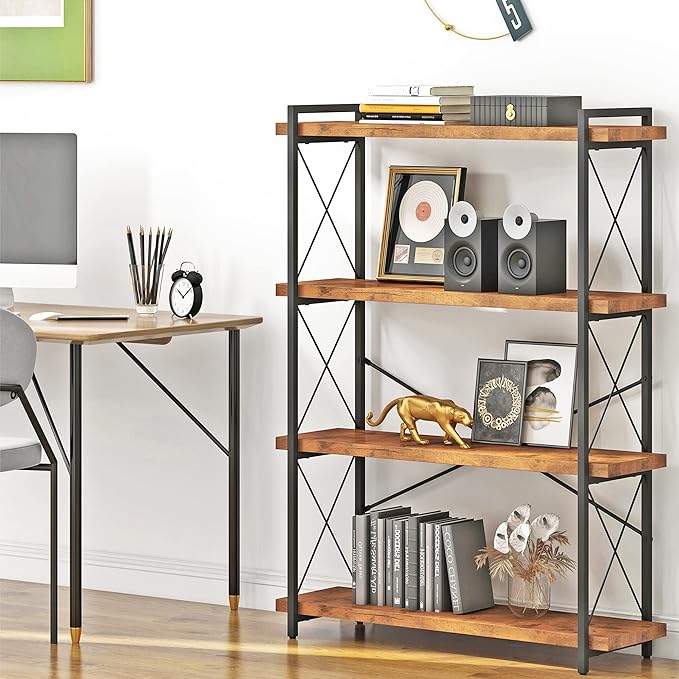 HCHQHS Bookshelf, 4-Tier Industrial Bookcase, Rustic Open Book Shelf, Freestanding Tall Bookshelves with Metal Frame - LeafyLoom