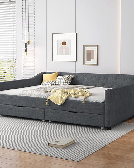 Full Size Daybed with Storage Upholstered Day Bed frame with Drawers & Button Tufted Backrest,for Living Room Bedroom,Wood Slat Support,No Box Spring Needed,Dark Grey - LeafyLoom
