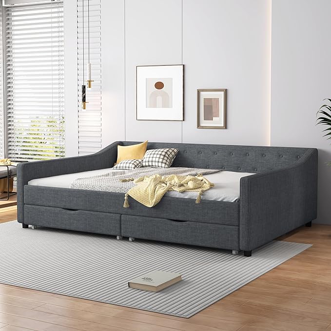 Full Size Daybed with Storage Upholstered Day Bed frame with Drawers & Button Tufted Backrest,for Living Room Bedroom,Wood Slat Support,No Box Spring Needed,Dark Grey - LeafyLoom