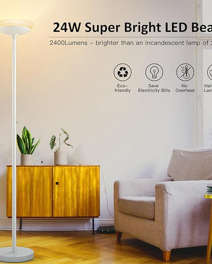 BoostArea Torchiere Floor Lamp, 24W Super Bright LED Standing Lamp, Stepless Dimmable Pole Lamp with 3000K Lighting, Glass Lampshade, 71Inch Tall Metal Modern Floor lamps for Living Room/Bedroom White - LeafyLoom