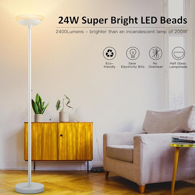 BoostArea Torchiere Floor Lamp, 24W Super Bright LED Standing Lamp, Stepless Dimmable Pole Lamp with 3000K Lighting, Glass Lampshade, 71Inch Tall Metal Modern Floor lamps for Living Room/Bedroom White - LeafyLoom
