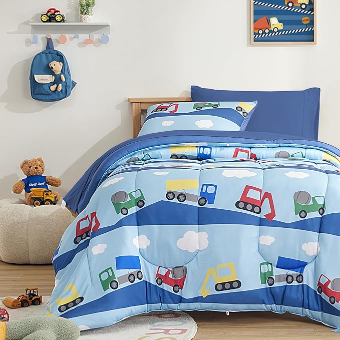 SLEEP ZONE Full/Queen Size Comforter Set for Children, Durable Jersey Knitted Bedding for All Seasons with 1 Comforter(66"x90"), 2 Pillow Cases(20"x26") (Bulldozers,Full/Queen) - LeafyLoom