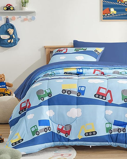 SLEEP ZONE Kids Twin Comforter Set, Cozy Jersey Knit Bedding Set, Warm and Easy Maintain for All Seasons, 100% Microfiber Bedding Set for Boys, 1 Comforter, 1 Pillowcase (Bulldozers, Twin) - LeafyLoom