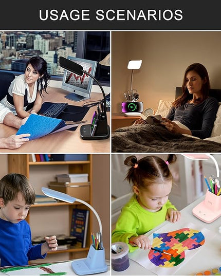 Desk Lamp for Home Office, LED Desk Lamp with Wireless Charger Pen Holder, Dimmable Desk Light with 3 Color Modes, Black Office Lamp for Dorm - LeafyLoom