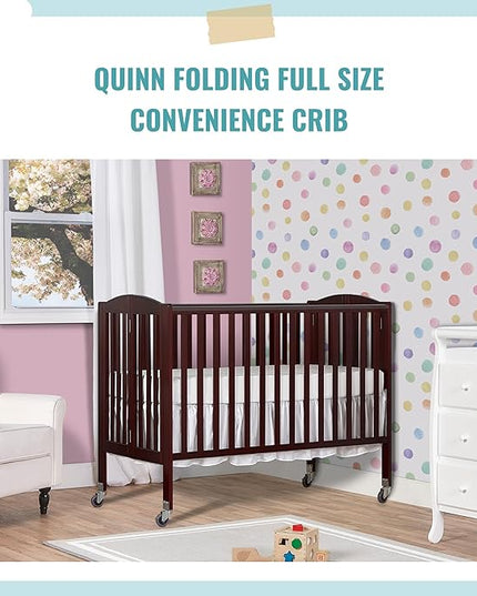Folding Full Size Convenience Crib In Espresso, Two Adjustable Mattress Height Positions, Comes With Heavy Duty Locking Wheels, Flat Folding Crib - LeafyLoom