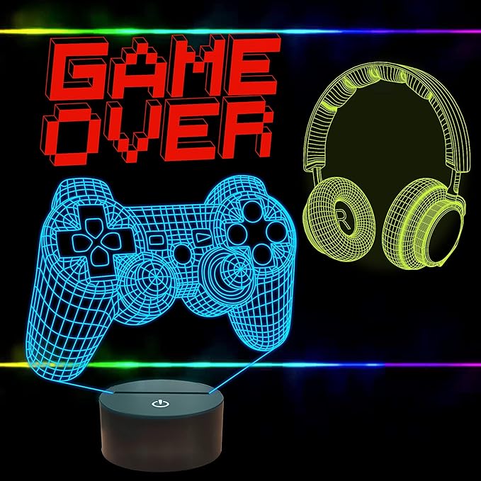 FULLOSUN Pixel Game Over Illusion Lamp, Gamepad 3D Night Light (3 Patterns) with Remote Control 16 Color Changing Gaming Room Headset Decor Best Gamer Gift - LeafyLoom
