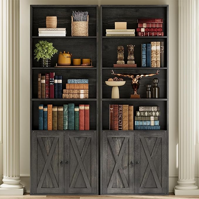 IRONCK Industrial Bookshelves and Bookcases with Doors Set of 2 Floor Standing 6 Shelf Display Storage Shelves 70 in Tall Bookcase for Home Office, Living Room - LeafyLoom